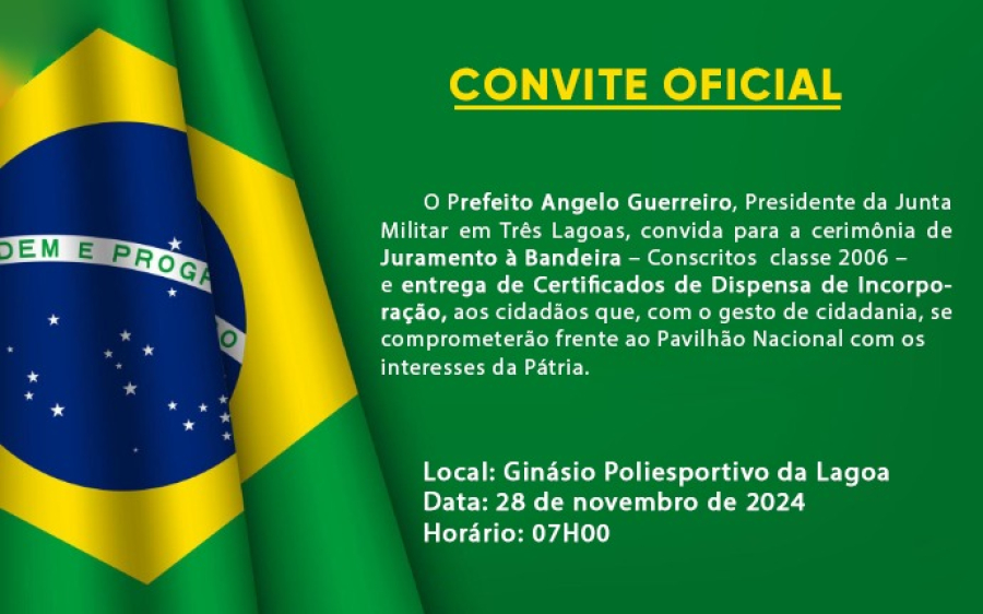 Prefeitura convida população para Juramento à Bandeira no dia 28 de novembro